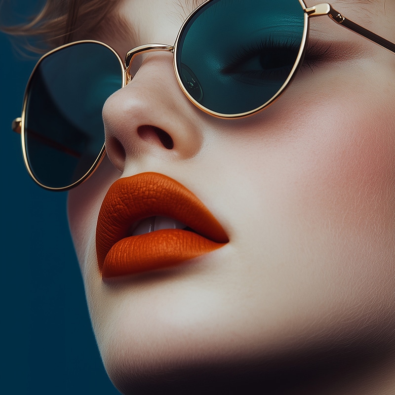 Close-up stylisé d'un visage aux lunettes de soleil rondes dorées et lèvres rouge orangé vif sur fond bleu-vert.