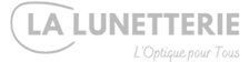 Logo La Lunetterie gris sur fond noir, avec un cadre ovale, et le slogan "L'Optique pour Tous" en dessous.