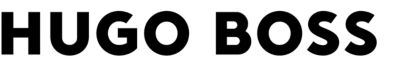 Logo Hugo Boss en lettres capitales noires sur fond blanc, représentant la marque de mode et parfums.