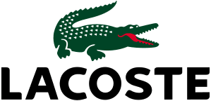 Logo Lacoste distinctif : un crocodile vert emblématique avec la gueule ouverte et la langue rouge vif sur fond noir.