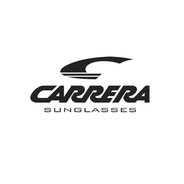 Logo noir de la marque Carrera avec le texte "CARRERA SUNGLASSES" en majuscules. Dessin stylisé en forme de "C" incurvé au-dessus.