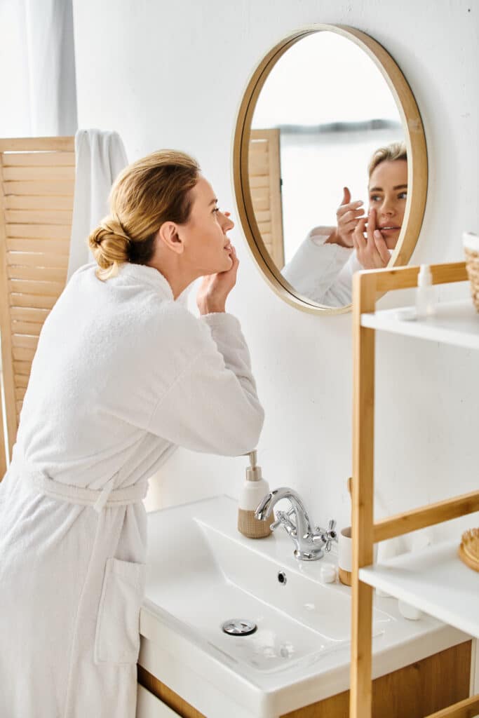 Femme en peignoir blanc appliquant un soin visage devant un miroir rond, routine beauté matinale.