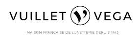 Logo Vuillet Vega, lunetier français depuis 1843. Le design inclut le nom, un monogramme stylisé dans un cercle.